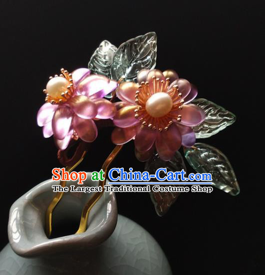 China Ancient Princess Hairpin Traditional Ming Dynasty Pink Chrysanthemum Hair Clip