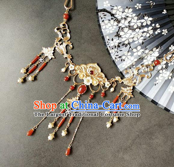 Chinese Traditional Ming Dynasty Princess Agate Tassel Necklet Classical Hanfu Golden Peony Necklace