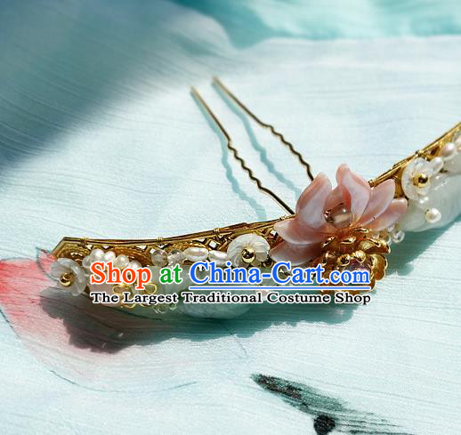 China Ancient Princess Pink Shell Lotus Hairpin Traditional Ming Dynasty Jade Pearls Hair Clip