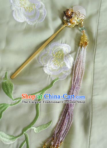China Ancient Royal Princess Shell Hairpin Traditional Ming Dynasty Purple Beads Tassel Hair Stick