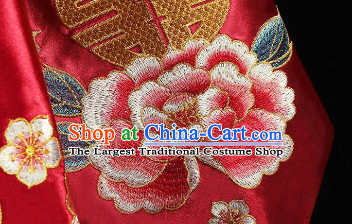 Chinese Embroidered Peony Red Satin Bridal Veil Accessories Traditional Wedding Headdress