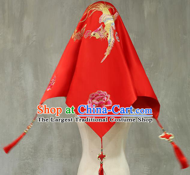 Chinese Xiuhe Suit Accessories Embroidered Phoenix Peony Red Satin Bridal Veil Traditional Wedding Headdress