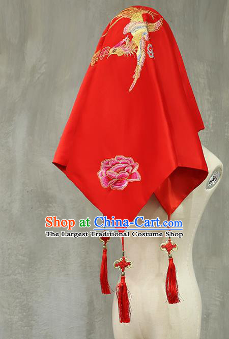 Chinese Xiuhe Suit Accessories Embroidered Phoenix Peony Red Satin Bridal Veil Traditional Wedding Headdress