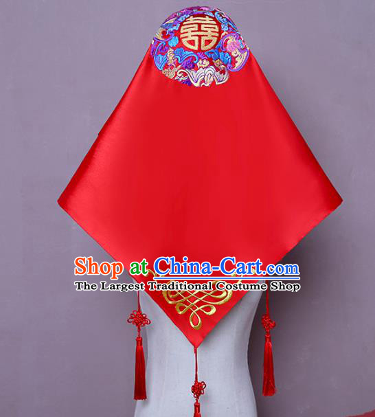 Chinese Embroidered Bridal Veil Traditional Wedding Headdress Classical Xiuhe Suit Red Satin Accessories
