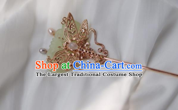 China Ancient Princess Jade Hairpin Traditional Ming Dynasty Golden Dragonfly Hair Stick