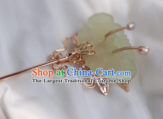 China Ancient Princess Jade Hairpin Traditional Ming Dynasty Golden Dragonfly Hair Stick