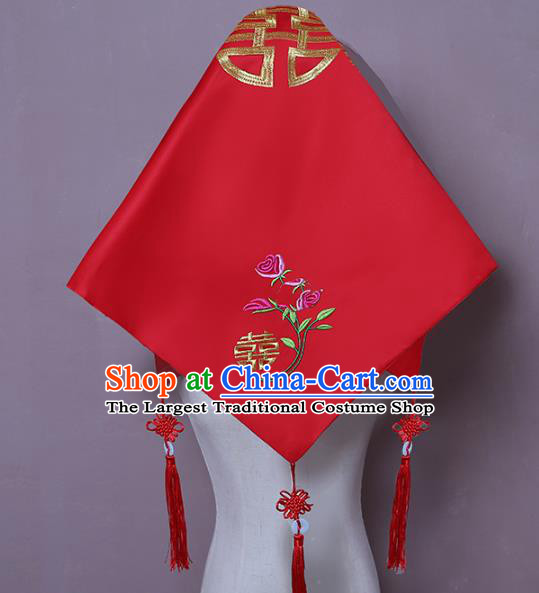 Chinese Embroidered Rose Bridal Veil Classical Xiuhe Suit Red Satin Accessories Traditional Wedding Headwear