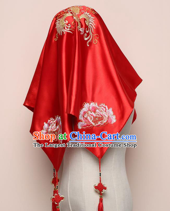 Chinese Wedding Red Satin Kerchief Classical Headdress Traditional Embroidered Phoenix Peony Bridal Veil