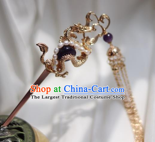 China Ancient Empress Amethyst Hairpin Traditional Ming Dynasty Golden Dragon Tassel Hair Stick