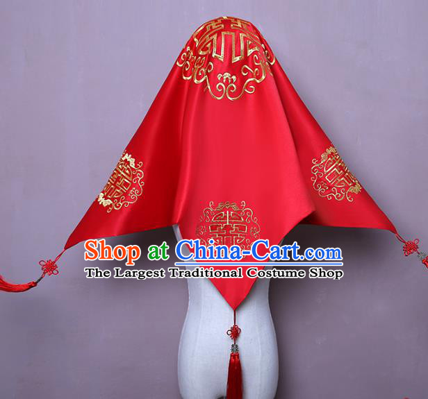 Chinese Embroidered Red Satin Bridal Veil Classical Xiuhe Suit Accessories Traditional Wedding Headpiece