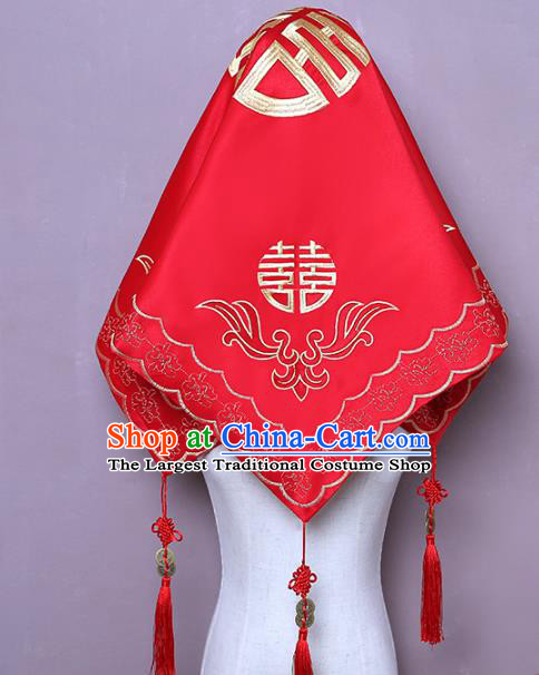 Chinese Classical Wedding Headpiece Traditional Xiuhe Suit Accessories Embroidered Red Satin Bridal Veil