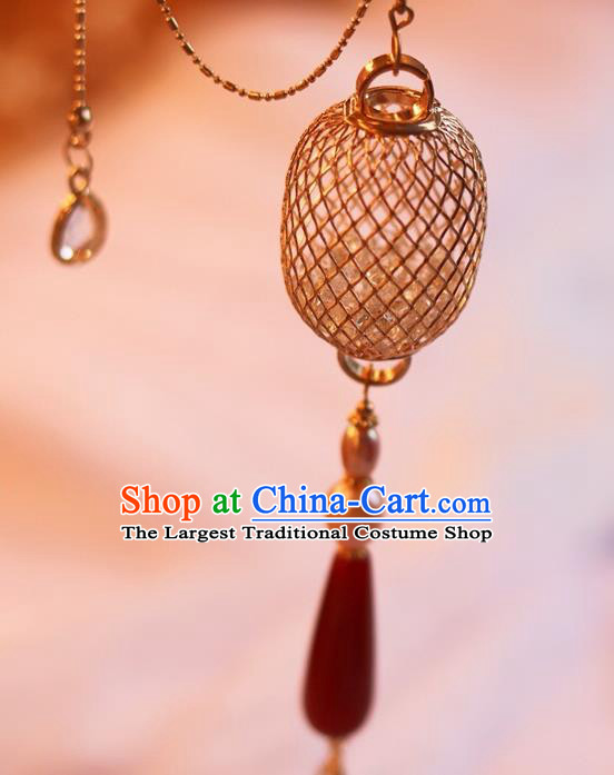 China Ancient Queen Agate Hairpin Traditional Ming Dynasty Golden Lantern Hair Stick