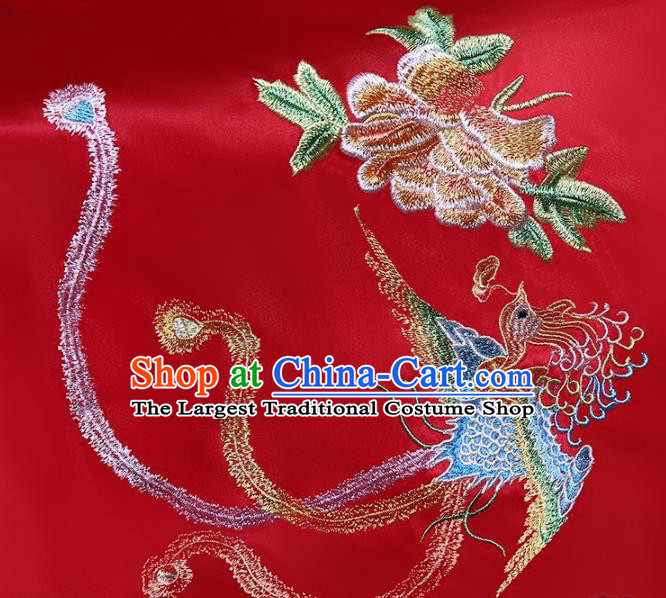 Chinese Embroidered Phoenix Peony Red Satin Bridal Veil Classical Wedding Headdress Traditional Xiuhe Suit Accessories