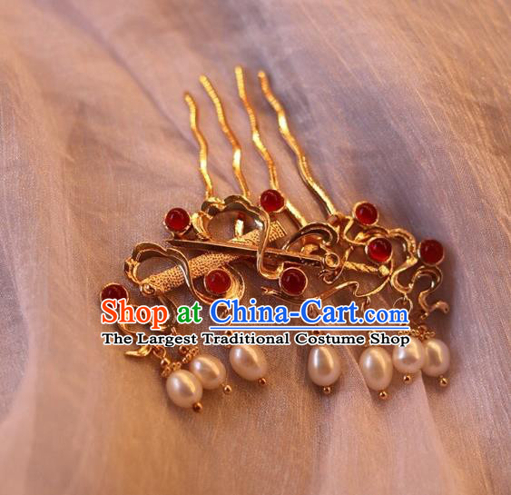 China Ancient Princess Golden Sword Hairpin Traditional Tang Dynasty Pearls Tassel Hair Comb