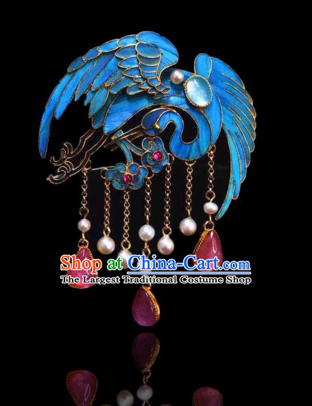 China Handmade Rose Quartz Tassel Brooch Accessories Traditional Qing Dynasty Cloisonne Crane Breastpin Jewelry
