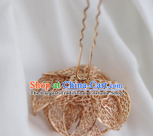 China Ancient Princess Pearls Hairpin Traditional Ming Dynasty Golden Flower Hair Stick