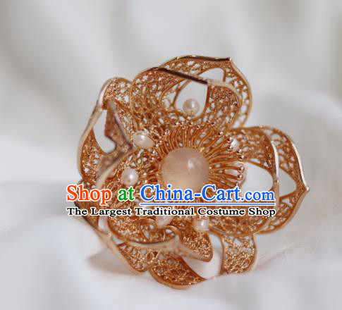 China Ancient Princess Pearls Hairpin Traditional Ming Dynasty Golden Flower Hair Stick