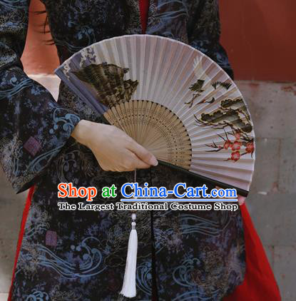Chinese Traditional Silk Fan Bamboo Accordion Printing Crane Plum Folding Fan