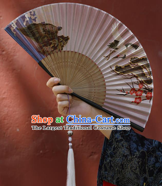 Chinese Traditional Silk Fan Bamboo Accordion Printing Crane Plum Folding Fan