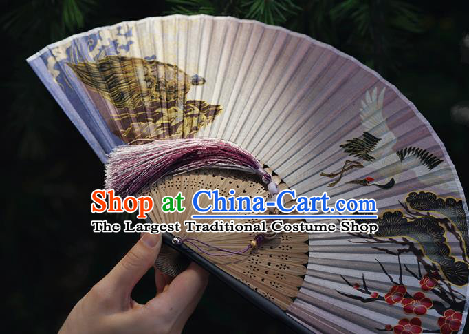 Chinese Traditional Silk Fan Bamboo Accordion Printing Crane Plum Folding Fan
