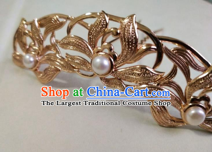 China Ancient Queen Hairpin Traditional Ming Dynasty Golden Orchids Hair Crown