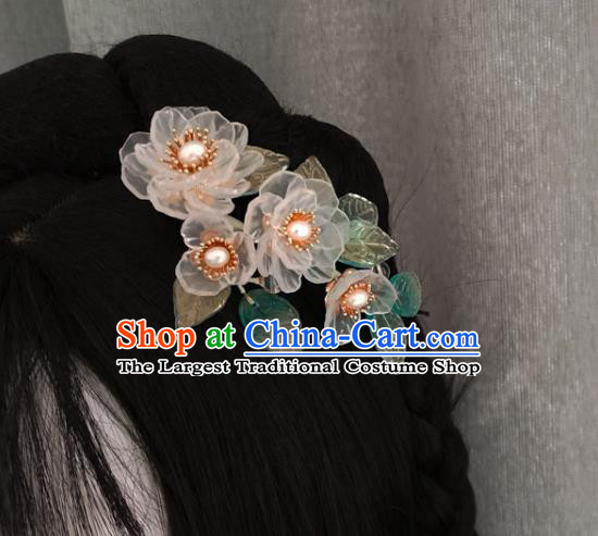 China Ancient Princess Pearls Flowers Hairpin Traditional Ming Dynasty White Gardenia Hair Comb