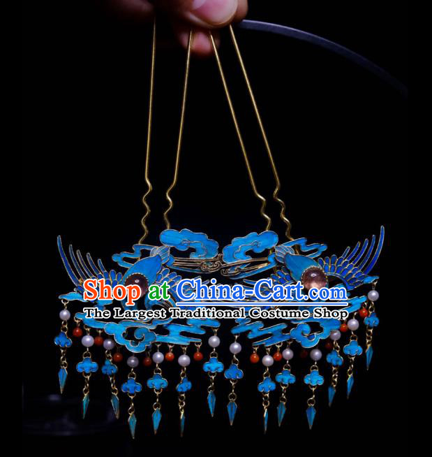 Chinese Ancient Empress Cloisonne Crane Tassel Hairpin Traditional Qing Dynasty Hair Jewelry Tourmaline Accessories