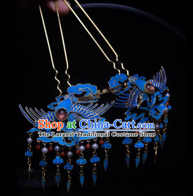 Chinese Ancient Empress Cloisonne Crane Tassel Hairpin Traditional Qing Dynasty Hair Jewelry Tourmaline Accessories