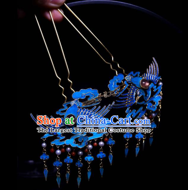 Chinese Ancient Empress Cloisonne Crane Tassel Hairpin Traditional Qing Dynasty Hair Jewelry Tourmaline Accessories