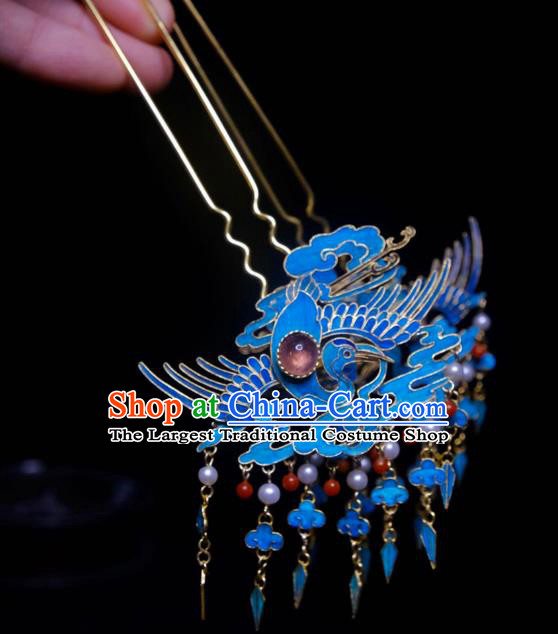 Chinese Ancient Empress Cloisonne Crane Tassel Hairpin Traditional Qing Dynasty Hair Jewelry Tourmaline Accessories