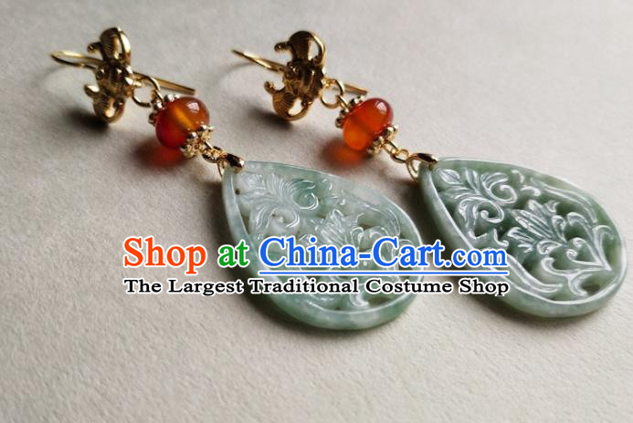 Chinese Traditional Jade Carving Lotus Ear Accessories Handmade Classical Cheongsam Earrings