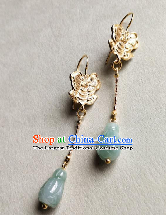 Chinese Traditional Golden Butterfly Ear Accessories Handmade Classical Cheongsam Jade Mangnolia Earrings