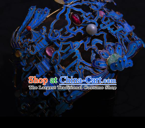 Chinese Qing Dynasty Palace Woman Blueing Hair Crown Traditional Hair Jewelry Ancient Empress Gems Phoenix Coronet
