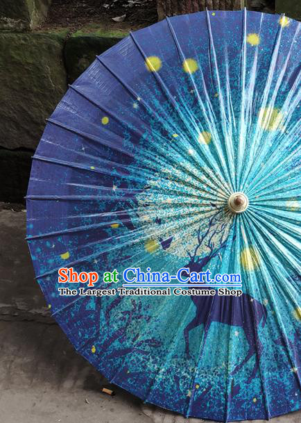 China Classical Printing Deer Umbrella Handmade Dance Umbrellas Craft Traditional Blue Oil Paper Umbrella