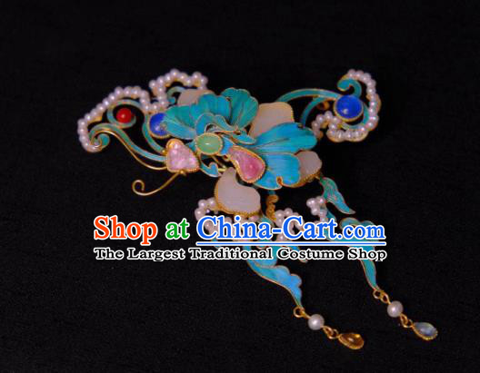 Chinese Ming Dynasty Empress Jade Hairpin Traditional Hair Jewelry Ancient Empress Pearls Butterfly Hair Stick
