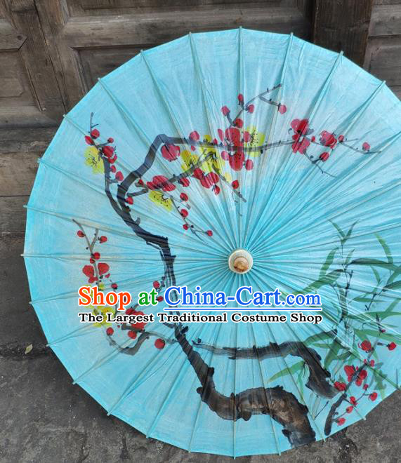 China Traditional Blue Oil Paper Umbrella Handmade Craft Classical Ink Painting Plum Bamboo Umbrellas