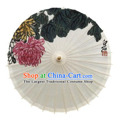 China Handmade Classical Dance White Oil Paper Umbrella Traditional Ink Painting Chrysanthemum Umbrella