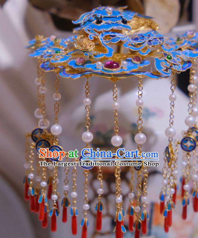 Chinese Traditional Blueing Lion Hair Jewelry Ancient Ming Dynasty Empress Tassel Hairpin Agate Accessories