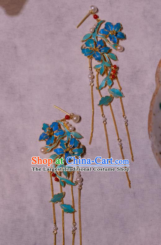 Chinese Traditional Blueing Flowers Earrings Culture Jewelry Cheongsam Golden Tassel Ear Accessories