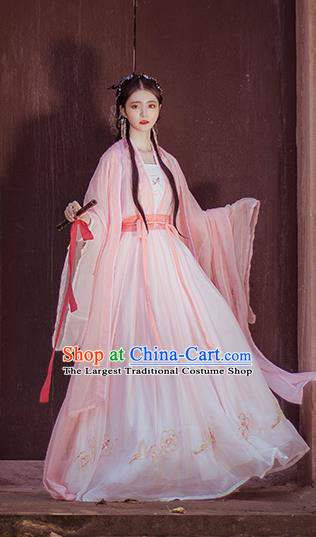 China Ancient Goddess Pink Hanfu Dress Traditional Ming Dynasty Young Beauty Clothing for Women
