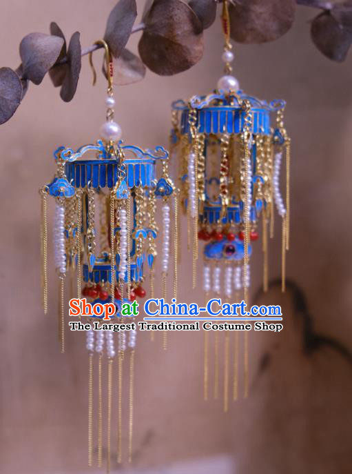 Chinese Ancient Qing Dynasty Pearls Tassel Ear Accessories Traditional Culture Jewelry Blueing Lantern Earrings