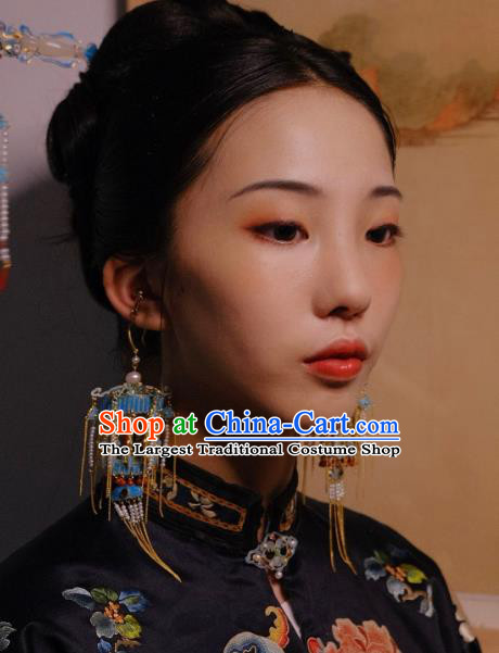 Chinese Ancient Qing Dynasty Pearls Tassel Ear Accessories Traditional Culture Jewelry Blueing Lantern Earrings