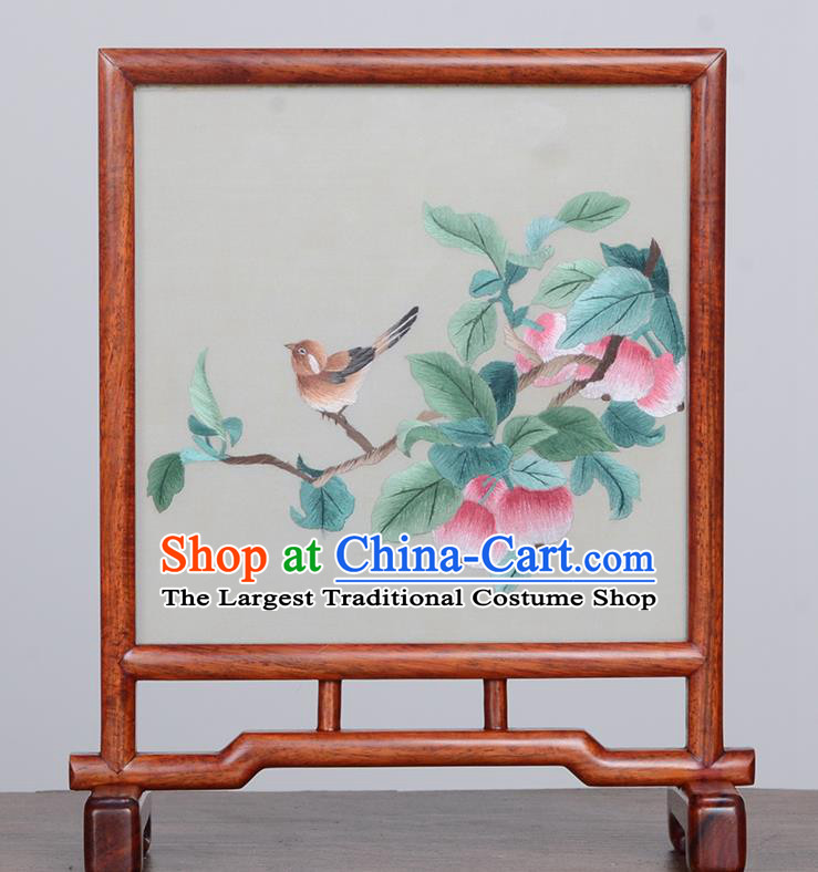 Chinese Handmade Rosewood Table Ornament Traditional Suzhou Embroidery Desk Screen