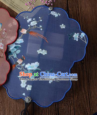 Chinese Handmade Deep Blue Silk Fan Traditional Wedding Palace Fan Embroidered Plum Blossom Fan