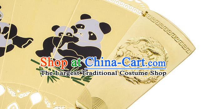 Chinese Handmade Brass Fan Traditional Folding Fan Printing Panda Accordion Decoration