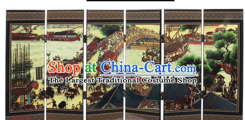 Chinese Handmade Lacquerware Table Screen Decoration Traditional Printing Riverside Scene at Qingming Festival Folding Screen