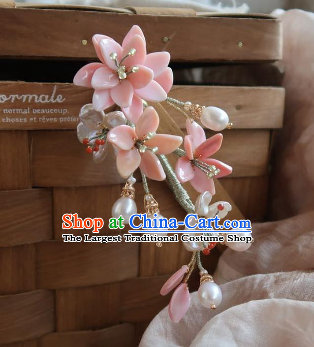 China Handmade Hanfu Shell Pearls Hairpin Traditional Ancient Ming Dynasty Pink Peach Blossom Hair Stick