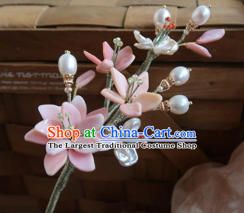 China Handmade Hanfu Shell Pearls Hairpin Traditional Ancient Ming Dynasty Pink Peach Blossom Hair Stick