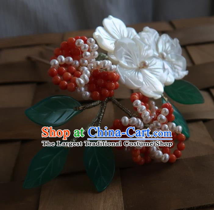 China Handmade Hanfu Shell Plum Blossom Hairpin Traditional Ancient Ming Dynasty Red Beads Hair Stick