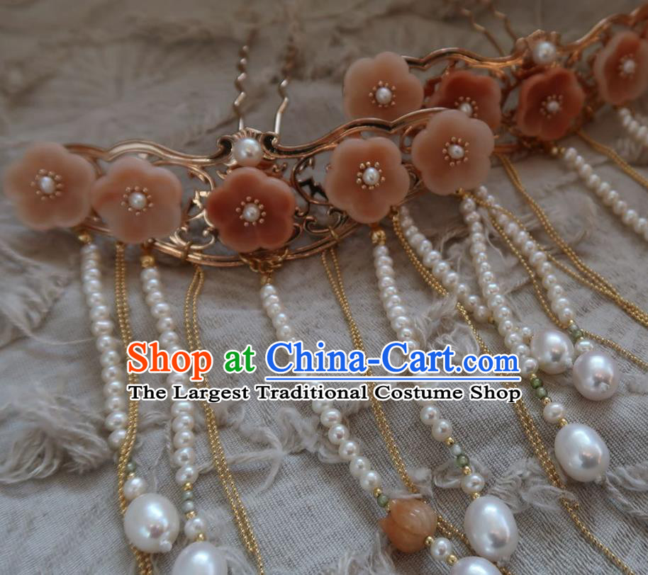China Handmade Hanfu Pearls Tassel Hairpin Traditional Ancient Ming Dynasty Princess Pink Plum Blossom Hair Stick